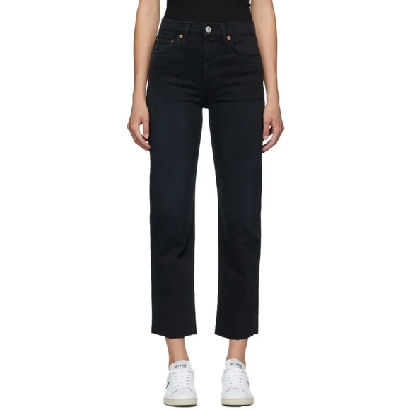 RE/DONE Stove Pipe Cropped High-Rise Button Fly Raw Hem Black Jeans s24 - Picture 2 of 13